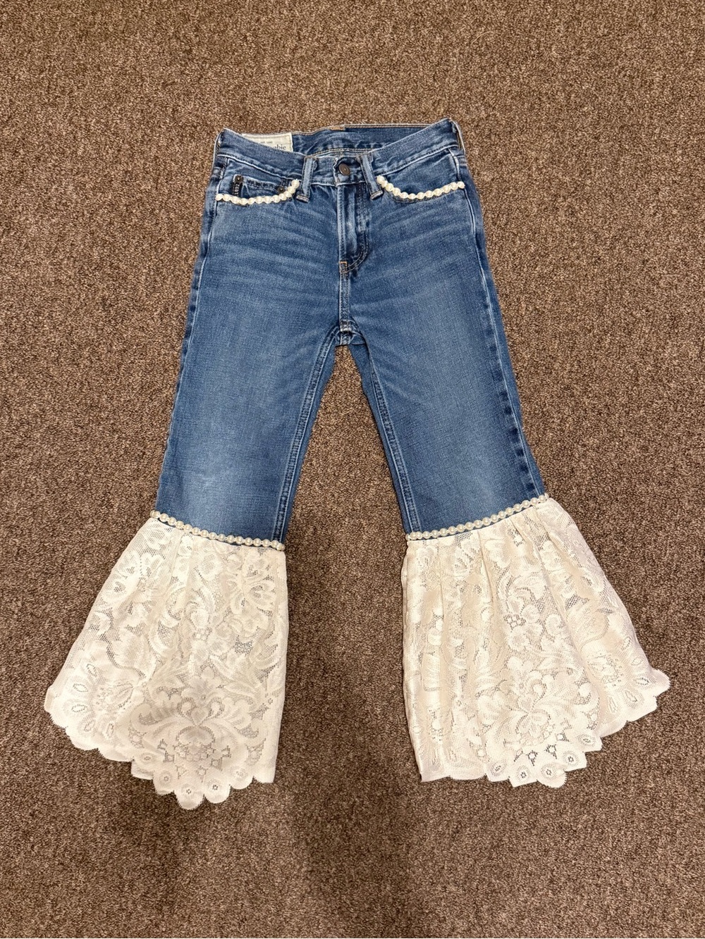 Custom Abercrombie & Fitch Blue Denim Jeans with White Lace Bell Flare